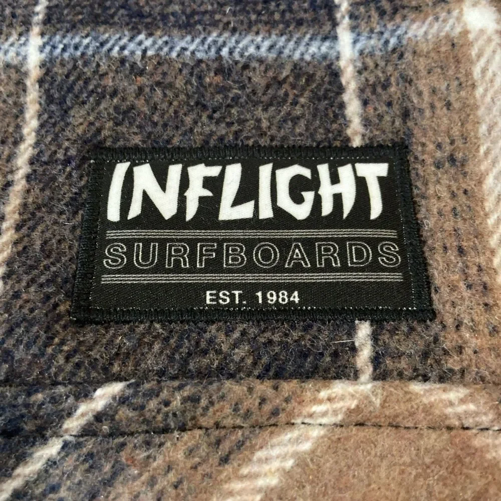 Inflight Surfboards Jacket Mens L Brown Tan Plaid Sherpa Lined Flannel Shacket